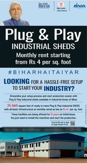 Invest Bihar offers land parcels with a monthly lease rate of INR 6-25/sq ft.